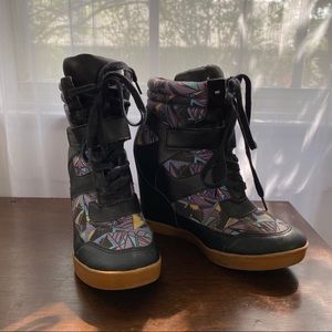 Fun Patterned + Faux Leather Wedge Sneakers